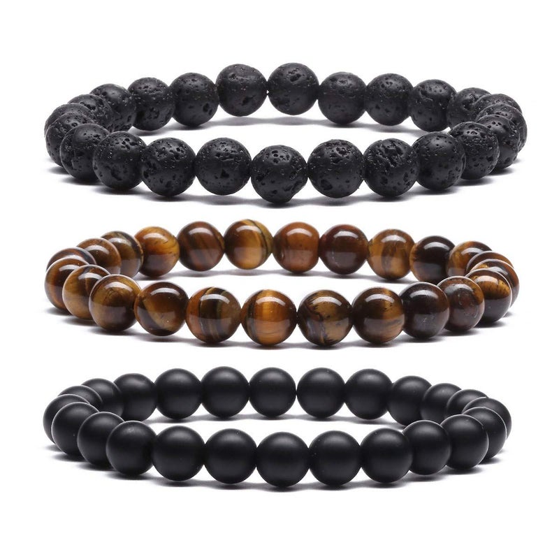MengPa Mens Beaded Bracelets Couples Matching Bracelet Set Tiger Eye Matte Lava Rock Beads for Women Stone Jewelry (3Pcs-US4258ABC) - Image 1